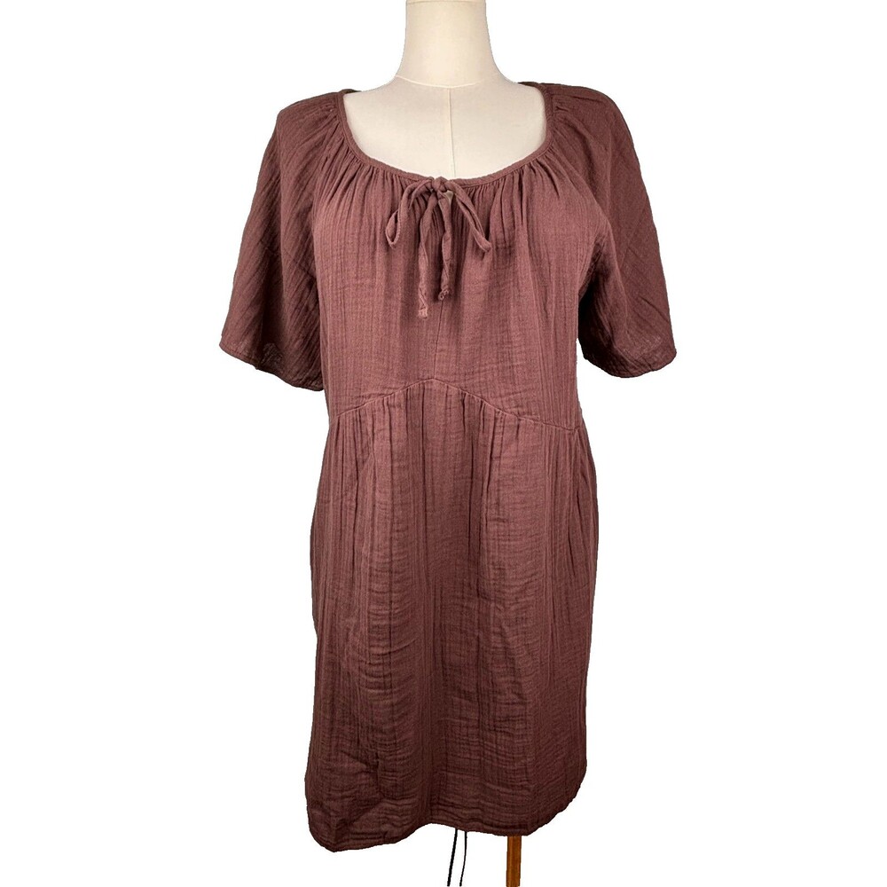 NWTWomen's Old Navy Size XL Brown Crinkle Gauze Pockets Scoop Keyhole Neck Dress